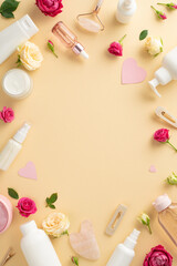 Refreshing skincare concept. Top vertical view of pump bottle, cream, serum, and jade facial roller with delicate roses on a pastel beige background and an empty space for branding