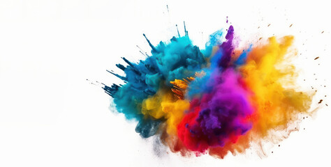 A colorful powder explosion in a mix of pink, orange, and yellow hues, creating a playful and festive mood against a white background. This image is AI Generative.