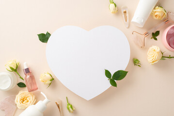 Conceptualize your skin care branding with this beautiful flat lay, complete with cream bottles, a massage roller, and an empty heart on a calming pastel beige backdrop