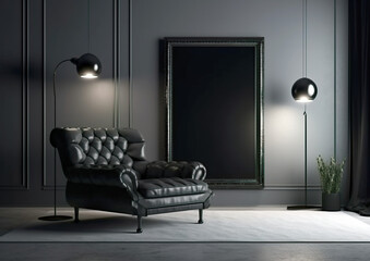 Stylish dark room with interior black leather armchair, floor lamps and dark walls and pictures. AI generated illustration.