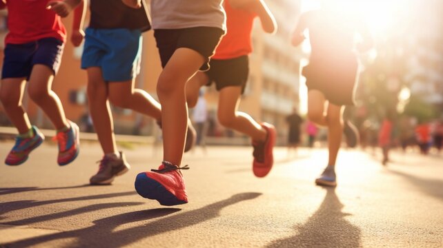 Children Sprinting In A Kids' Race On A City Street, Concentrating On Their Legs, Doing So In The Early Morning Light, And Using Generative AI