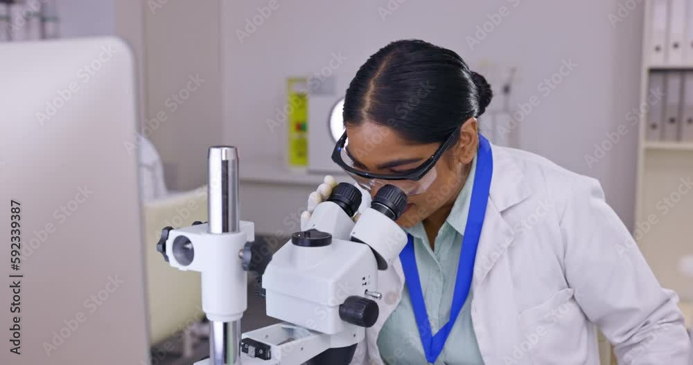 Aufkleber tablet, microscope and woman scientist with research, data analysis and happy results for medical te