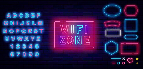 Wifi zone neon signboard. Glowing internet label for cafe and bar. Shiny blue alphabet. Vector stock illustration