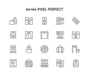 Airport terminal related vector line icons.