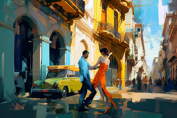 Couple dancing tango on street in Argentina retro futuristic style, AI generative illustration - obrazy, fototapety, plakaty