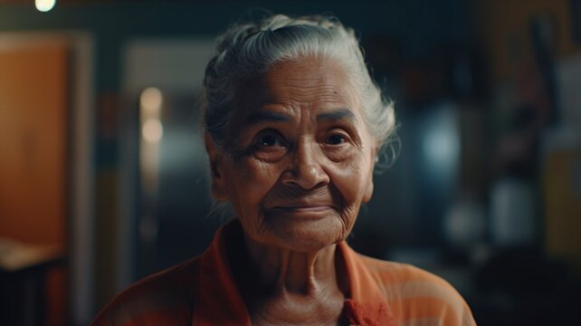 In the kitchen of her home in Nueva Guinea, a Latin grandma with crossed arms is grinning at the camera using Generative AI.