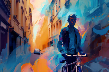 Cyclist riding bicycle at sunset in city, AI generative art illustration