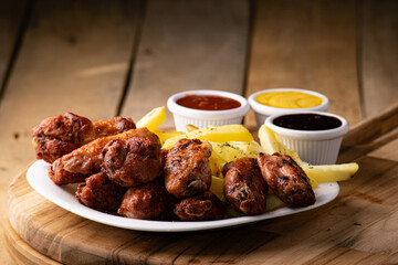 bbq chicken wings with french fries and ketchup, mustard and bbq on a rustic wooden table on a black background