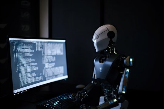 robot, executing code from different programming languages on a computer screen, created with generative ai