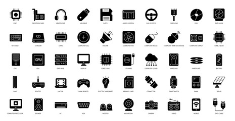 Fototapeta na wymiar Hardware Glyph Icons Technology CPU Computer Icon Set in Glyph Style 50 Vector Icons in Black