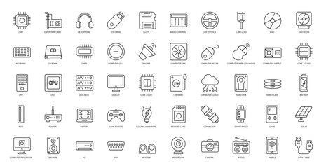 Hardware Thin Line Icons Technology CPU Computer Icon Set in Outline Style 50 Vector Icons in Black