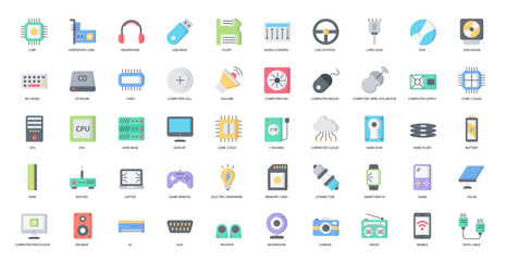 Hardware Flat Icons Technology CPU Computer Icon Set in Color Style 50 Vector Icons
