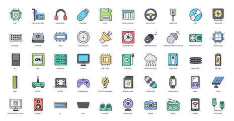 Hardware Color Line Icons Technology CPU Computer Icon Set in Filled Outline Style 50 Vector Icons