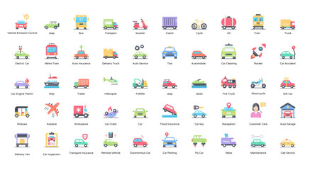 Vehicle Flat Icons Vehicles Transportation Icon Set in Color Style 50 Vector Icons