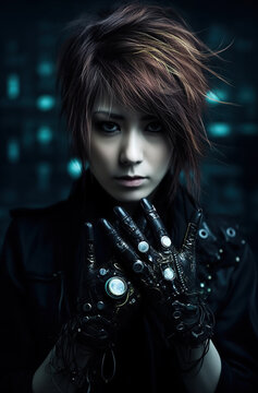 Visual kei female performer with striking gloves, makeup, hair and clothing looking at camera, AI generative illustration