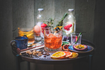 Side View of Old Fashioned Cocktail: Classic Beverage, Whiskey Delight, Orange Peel and Cherry Garnish, Timeless Taste, Elegant Glass, Artful Mixology, Sophisticated Sip