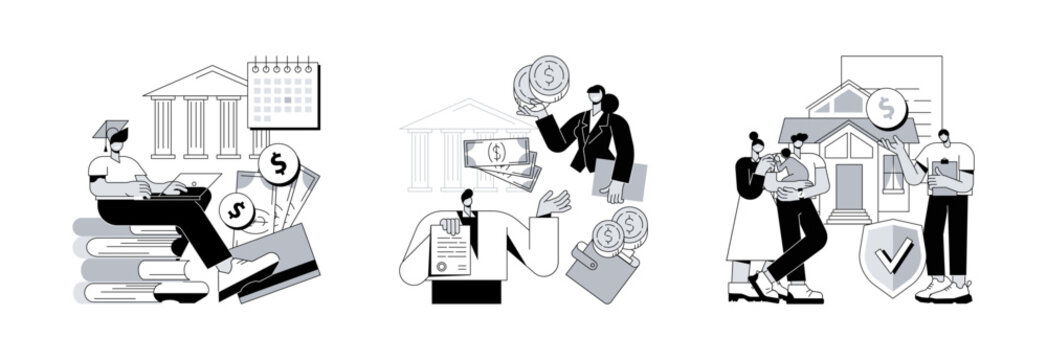 Coronavirus stimulus package abstract concept vector illustration set. Student loan payments deferred, wage subsidy for business employees, insured mortgage protection program abstract metaphor.