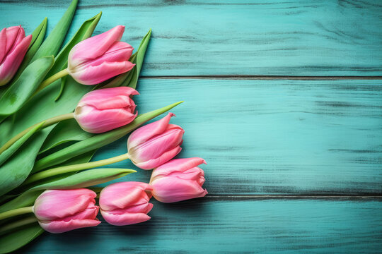 Pink tulips flowers on turquoise blue vintage wooden background. Generative AI