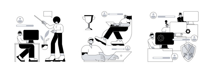 Video games abstract concept vector illustration set. Esports coaching, player training, cybersport team, computer club, battle arena, e-games tournament, cybersport betting abstract metaphor.