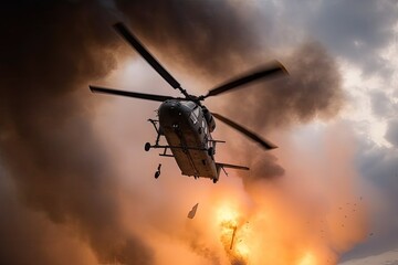 Naklejka na ściany i meble combat helicopter flies through smoke and flames, engaged in fierce firefight, created with generative ai