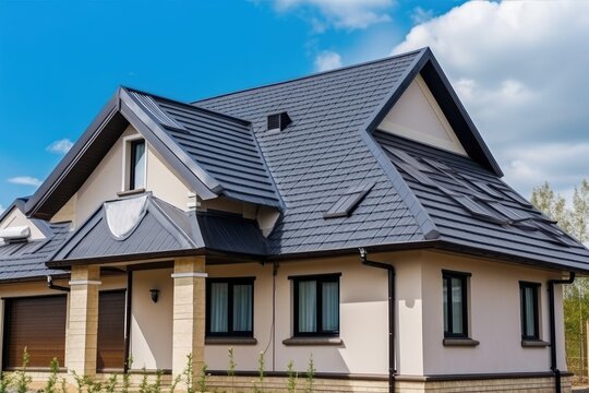 New House With Roof Made Of Shingles And Metal, Created With Generative Ai