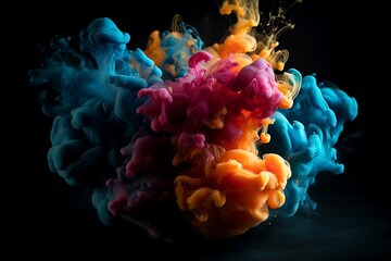 cyan magenta and yellow color acrylic colors in water, color blobs in front of a black background, AI Generated