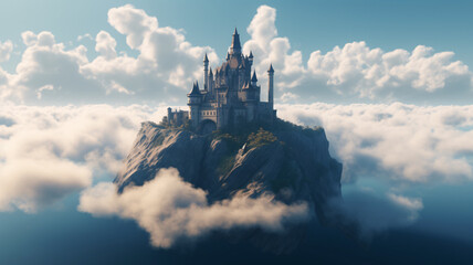 a castle sitting on top of a mountain surrounded by clouds