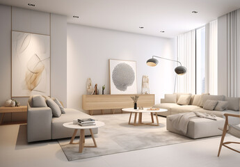 Naklejka na ściany i meble a living room filled with furniture and a large window