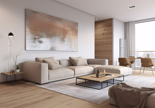 a living room filled with furniture and a large painting