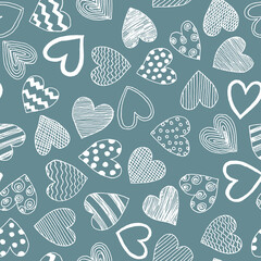 Hand drawn line art different shaped white hearts with waves,stripes,lines and dots as simple seamless pattern.Minimalistic Valentine's Day pastel blue background for cards,invitation,wrapping paper.