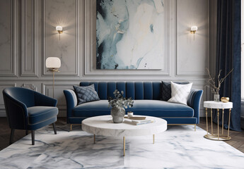 Obraz premium a living room filled with furniture and a painting