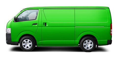 Japanese modern green cargo minibus. Side view isolated on white background.