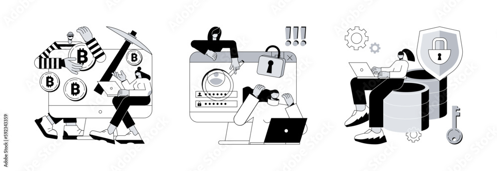 Poster cyber crime abstract concept vector illustration set. hidden mining, data stealing malware, cyber se