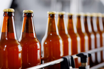 Brewery plant production line, Glass bottles of beer on dark background