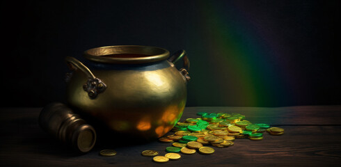 a pot of gold coins with a rainbow in the background