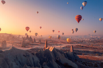 Landscape sunrise with hot air balloons fly over deep canyons, valleys Cappadocia Goreme National Park Turkey, aerial top view