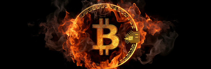 Fototapeta na wymiar a bitcoin surrounded by flames on a black background