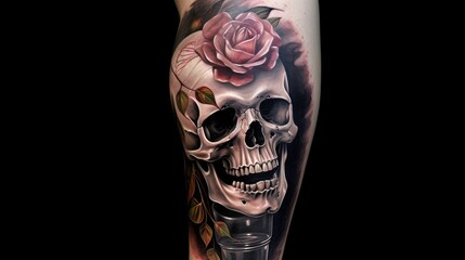  a an arm tattoo design of a skull with a flower, alcoholic ink, 8k, hyperrealistic, photography, generative ai