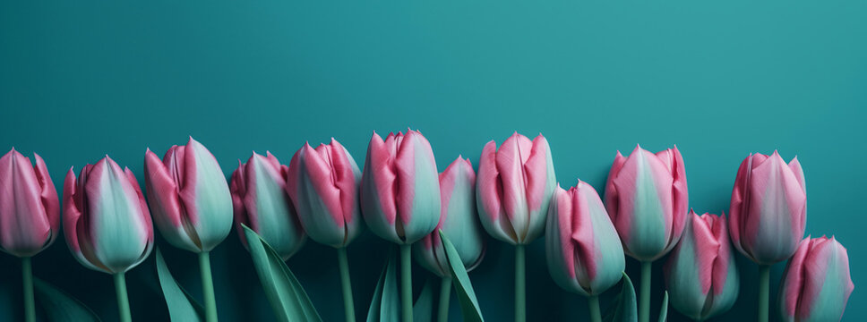 a group of pink tulips against a blue background