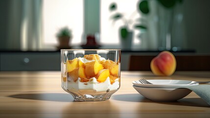  a delicious pice of a Peach Cobbler, on a plate on clean table, inside a dessert glass, realistic, photography, photorealistic, ultra realistic, generative ai