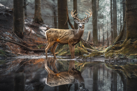 a deer standing next to a body of water