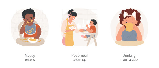 Child eating lunch isolated cartoon vector illustration set. Messy eaters, smiling toddler with dirty face after meal, young mother cleaning table, child drinking from a plastic cup vector cartoon.