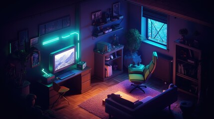  A gamer’s room with neon lightings, 32 bit isometric, photography, 8k, hyper realistic, generative ai