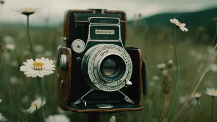 an old camera sitting in a field of flowers