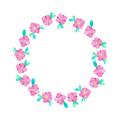 Watercolor hand drawn botanical natural frame with wild meadow tiny pink flowers with copy space in the middle. Isolated on white aquarelle design foliage element