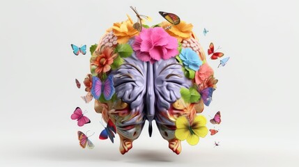  a Human brain with flowers and butterflies, 8k, studio photo, white background, 3D, smooth, sharp focus, octane render, hyperrealistic, photography, generative ai