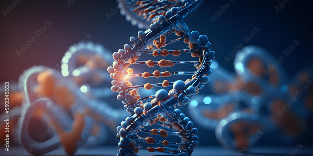 Sticker spiral dna polygonal wireframe molecule helix. concept medical blue banner with sun light, code of g