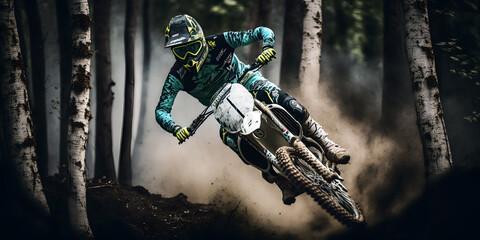 Obraz na płótnie Canvas Rider dirt biker Motocross riding in forest with dust. Banner Extreme sport motocross dirtbike. Generation AI