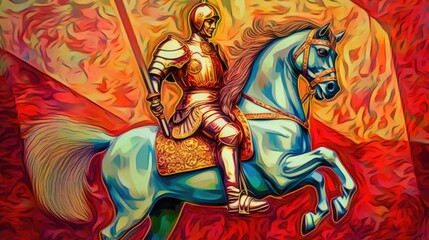  a paiting of Saint George in a funky pop style, with vivid bold colors, 8k, hyperrealistic, photography, generative ai