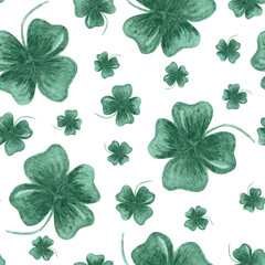 Watercolor hand drawn seamless pattern with green clover leaves on white background. Symbol of good luck with aquarelle shamrock plant leaves. Ireland traditional decor for St. Patrick's Day party.